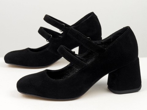 Дизайнерські туфлі з натуральної чорної замші  на стійкому каблуці, Т-2067-02